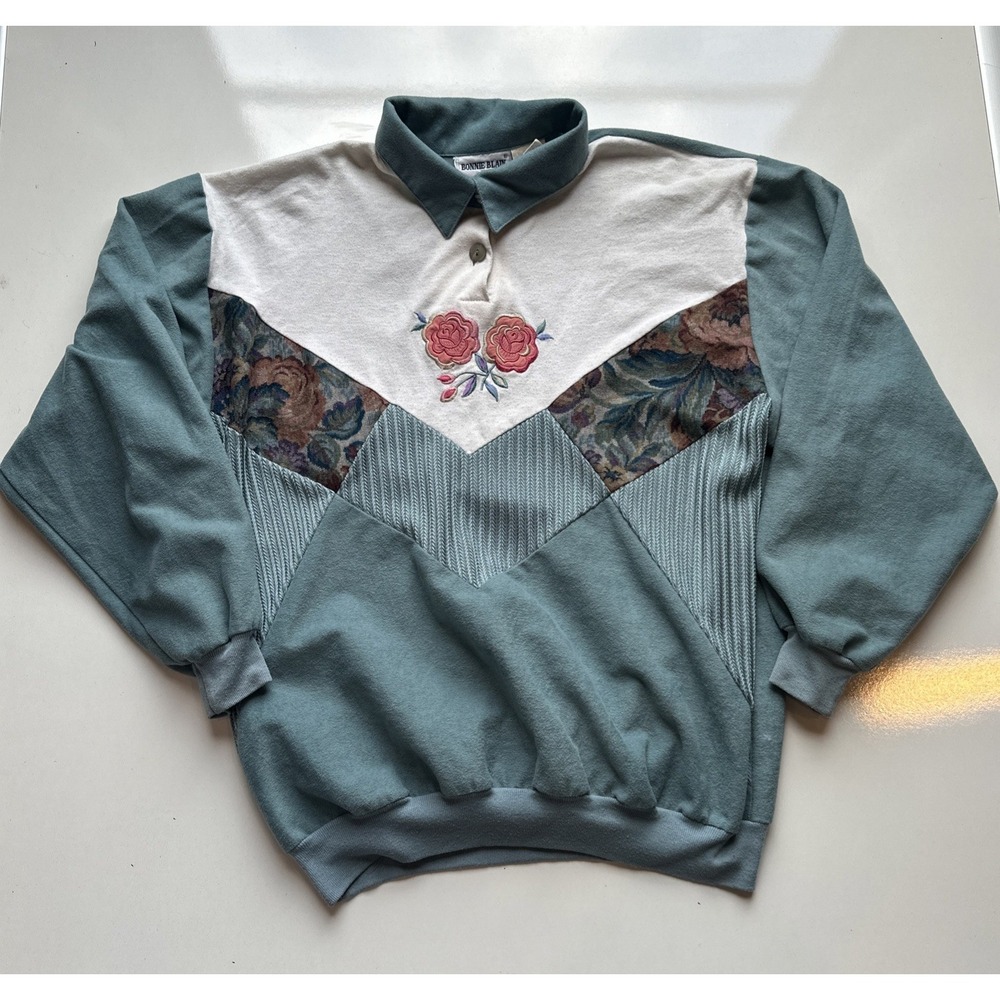 Vtg 80s Embroidered Floral Collared Sweatshirt Colorblock Patchwork Grannycocore